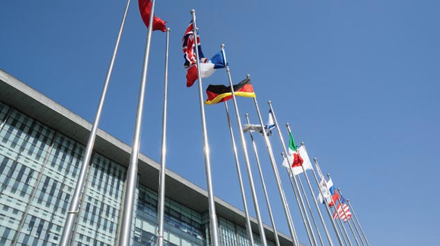 Flags outside of main campus building | Cleveland Clinic