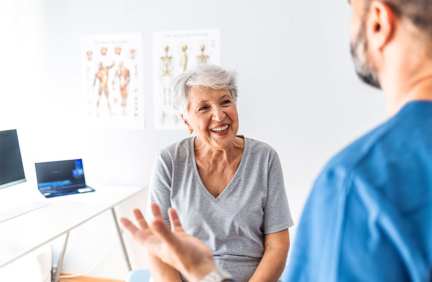 Patient getting a consultation for an anterior hip replacement