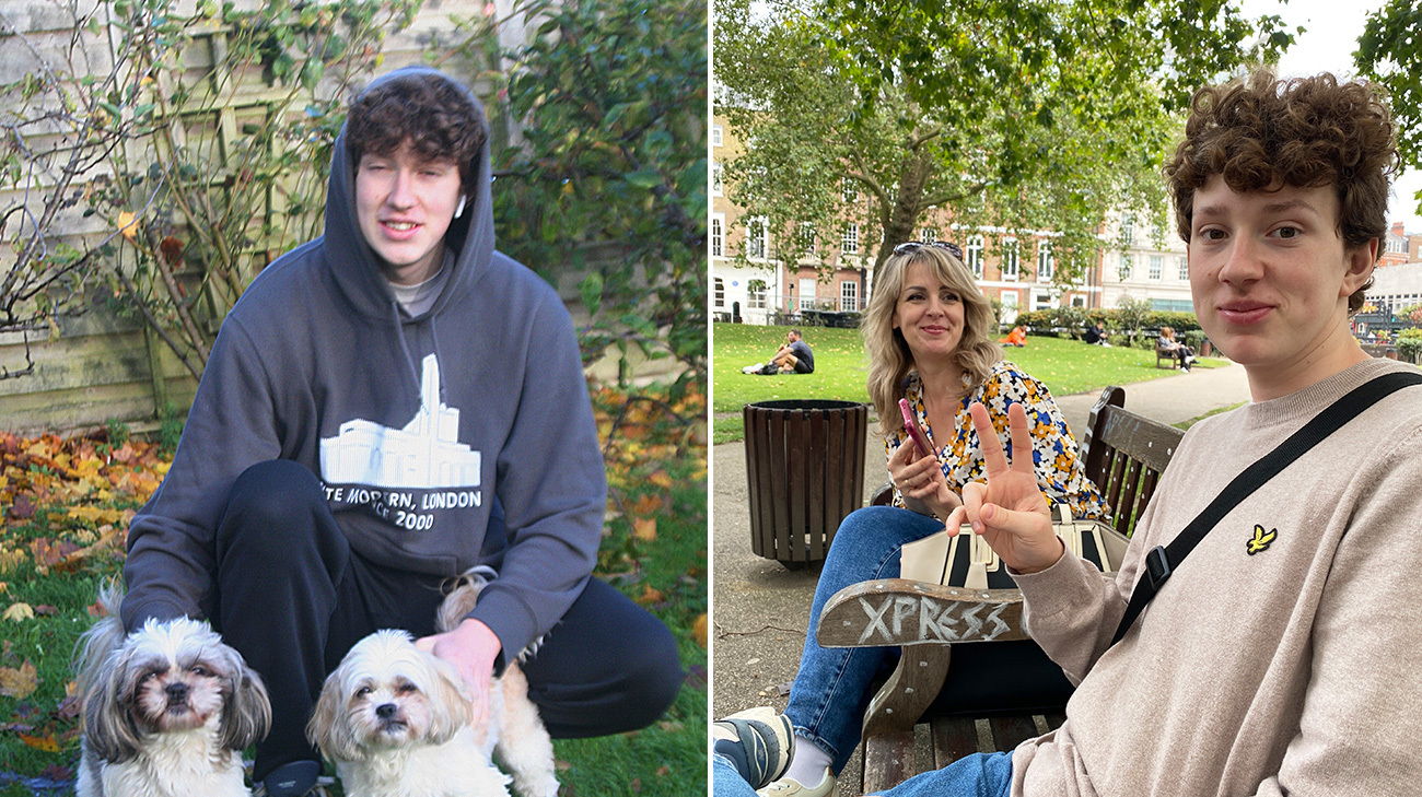 Left: Vlad Polishuchenko posing with the Parmees' dogs. Right: Vlad and his mother Anzhela